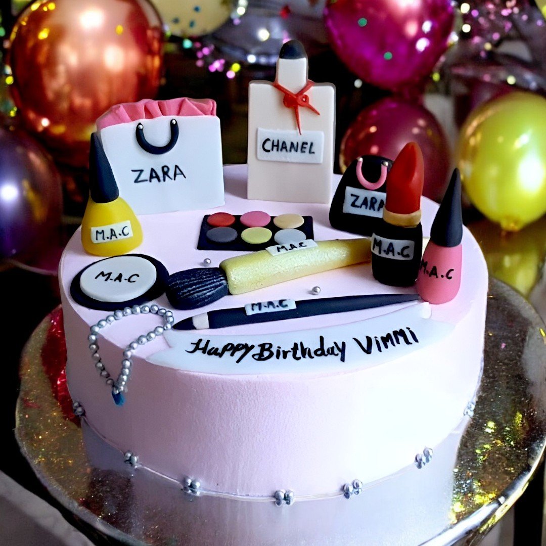 Glam-themed BetterGiftFlowers Makeup Cake adorned with edible makeup items like lipstick and eyeshadow.