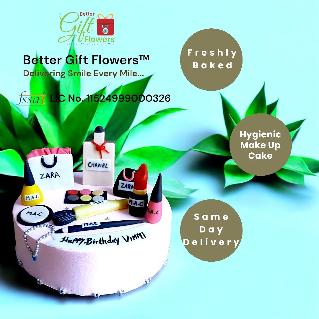 Freshly baked BetterGiftFlowers Makeup Cake featuring edible makeup decor and same-day delivery.