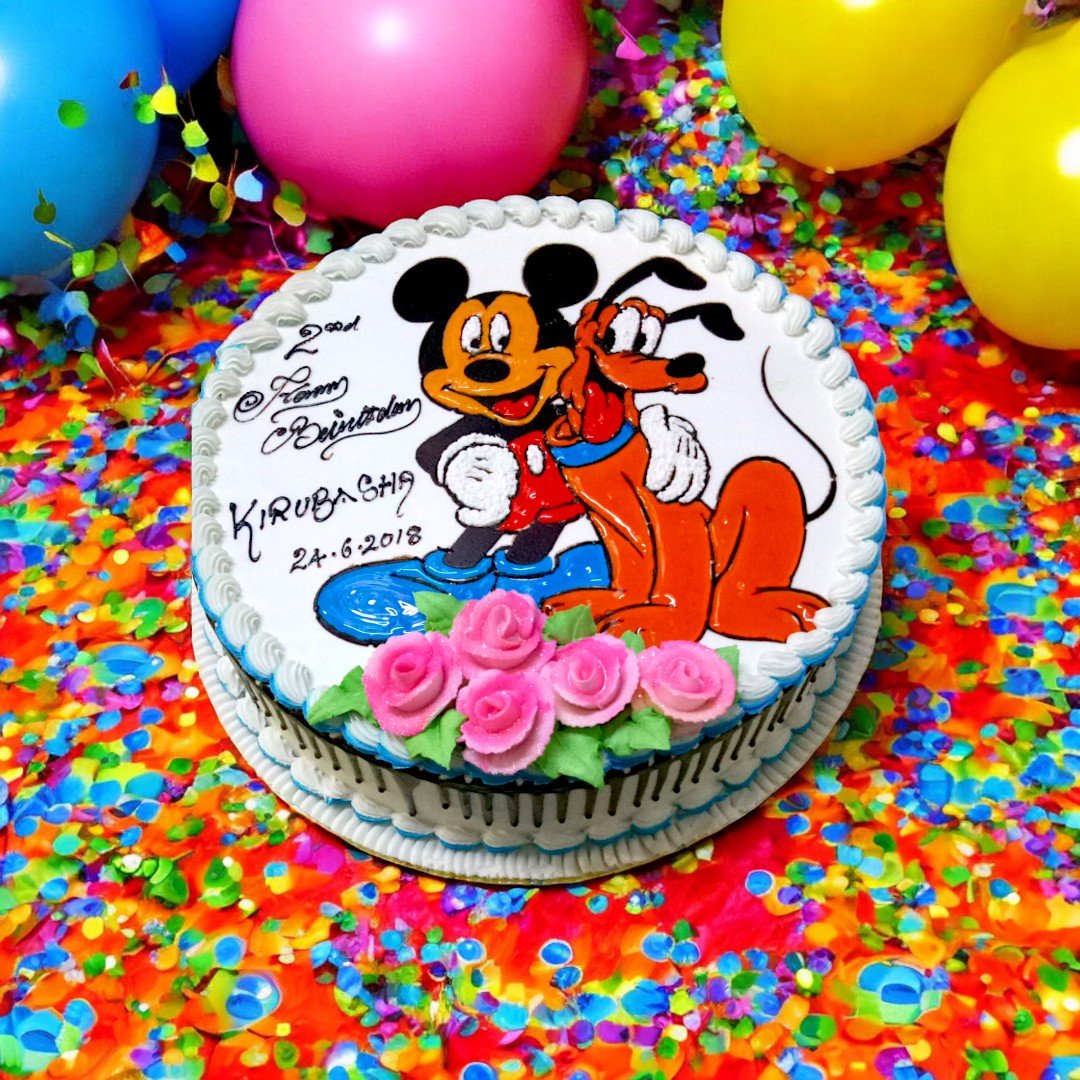 Mickey and Pluto cartoon birthday cake by BetterGiftFlowers on colorful background