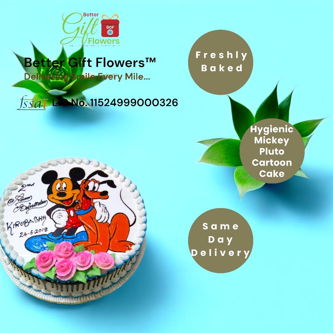 Hygienic Mickey N Pluto cartoon cake from BetterGiftFlowers with same-day delivery