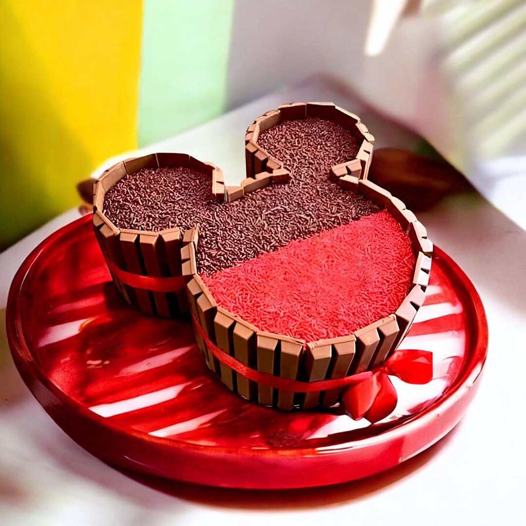 Fun Mickey Mouse cake with KitKat bars and chocolate topping by BetterGiftFlowers.