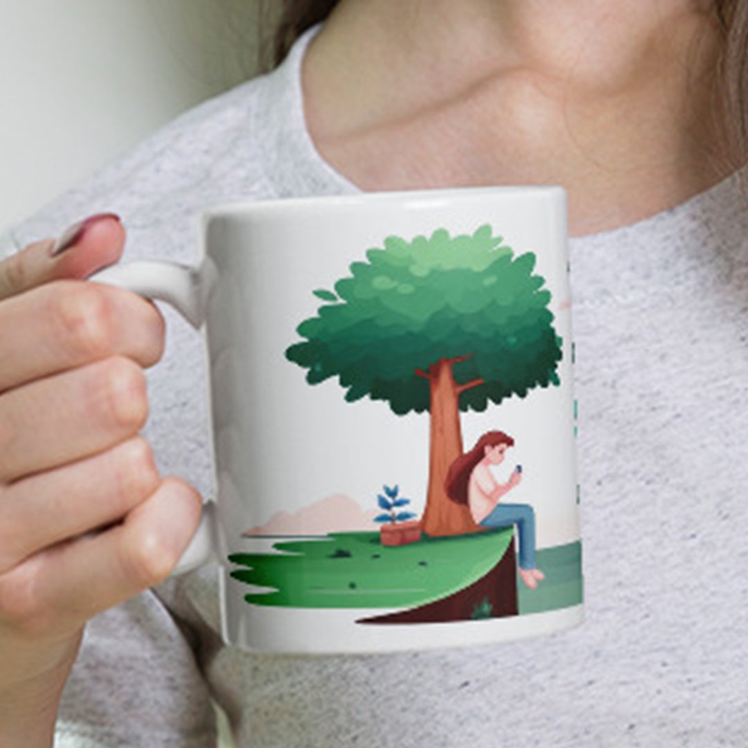 BetterGiftFlowers Person holding the "Missing You" mug with a serene outdoor background, focusing on the tree and sitting person illustration.