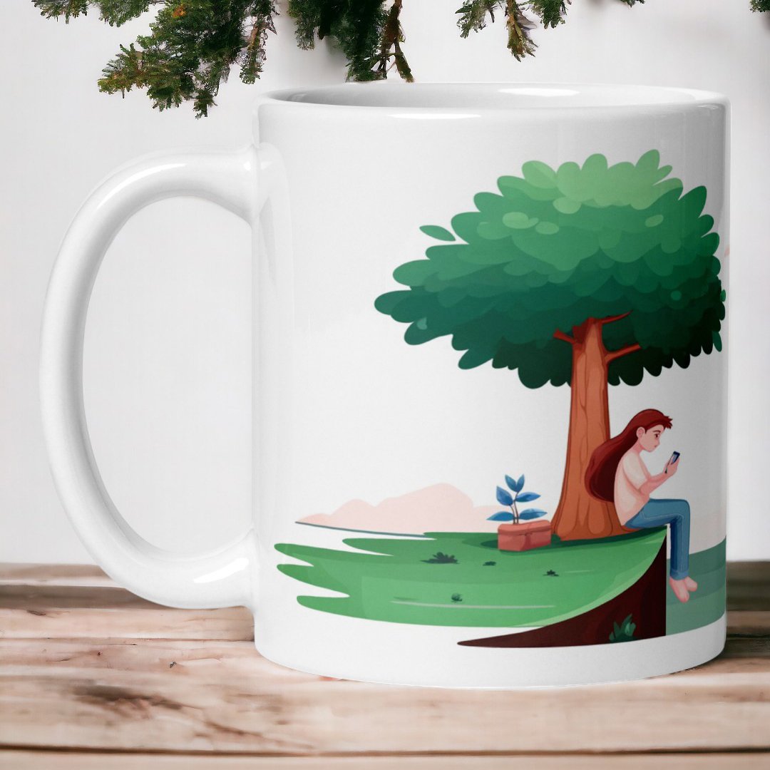 BetterGiftFlowers A white ceramic mug featuring an illustration of a person sitting under a tree with a smartphone, symbolizing missing someone.