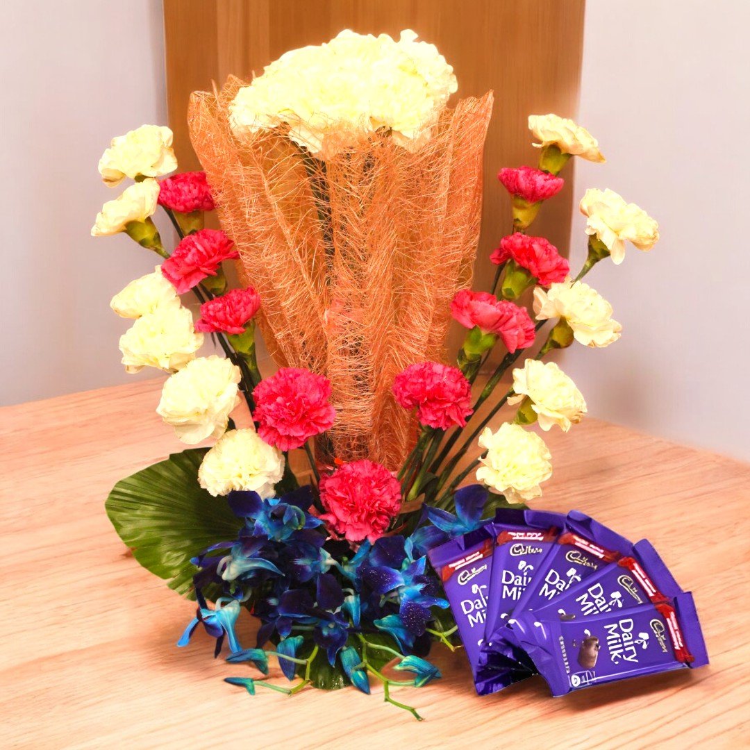 BetterGiftFlowers beautifully arranged mix flowers with Dairy Milk chocolates.