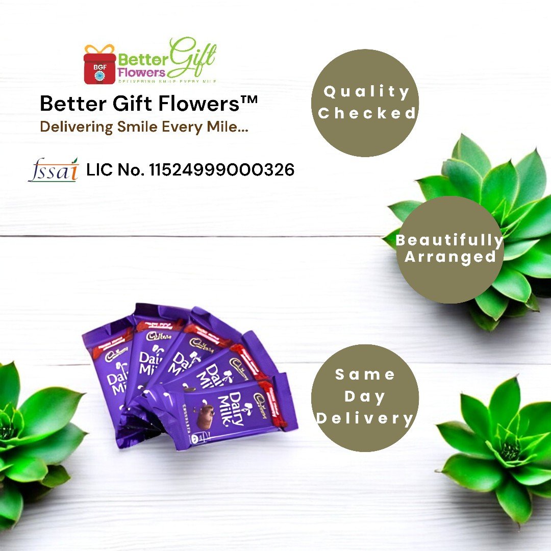 Quality checked Dairy Milk chocolates by BetterGiftFlowers paired with mix flower arrangement.
