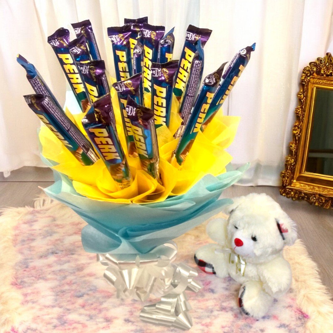 BetterGiftFlowers quality checked Perk Bouquet and Teddy gift, beautifully wrapped for same-day delivery.