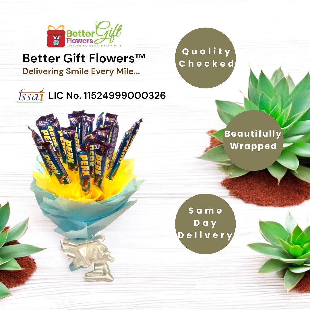BetterGiftFlowers chocolate bouquet filled with Perk bars, beautifully wrapped in blue and yellow paper.