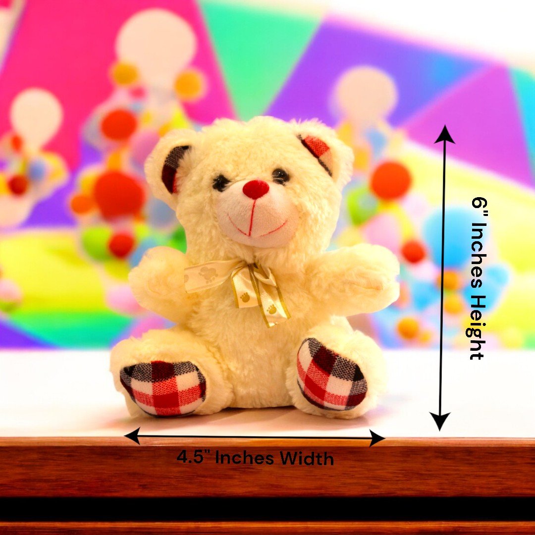Cute 6-inch teddy bear with a bow from BetterGiftFlowers, part of the Pink Roses Basket N Teddy gift combo, perfect for adding a sweet touch to your gift.