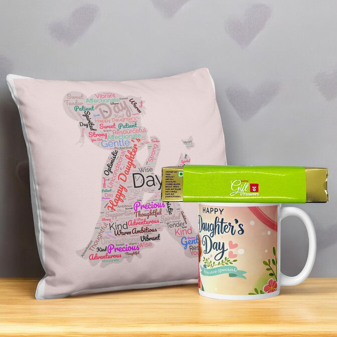 BetterGiftFlowers Premium Daughter's Day cushion, mug, and chocolate gift set.
