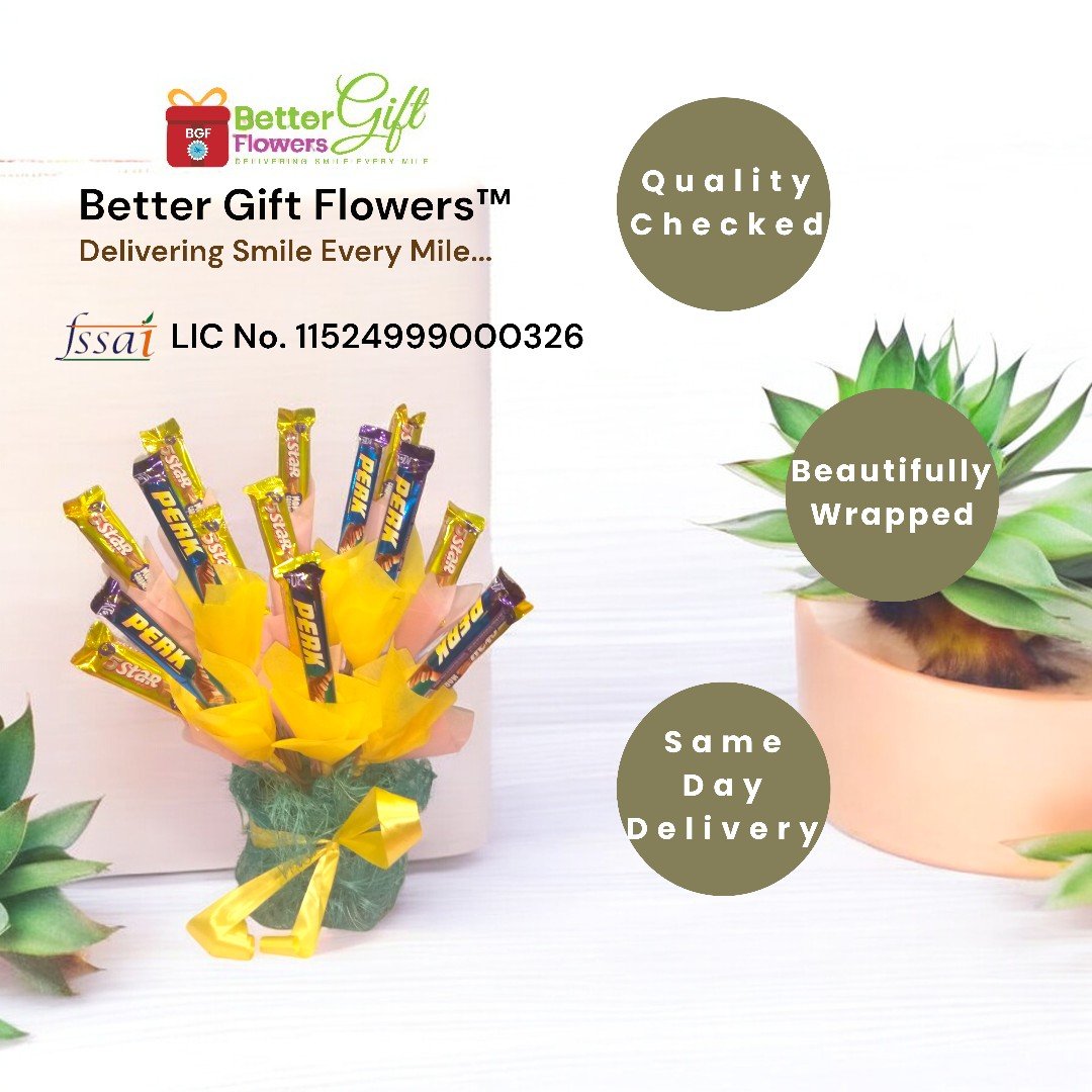 BetterGiftFlowers chocolate bouquet with 5Star and Perk chocolates, quality checked and beautifully wrapped for Raksha Bandhan.