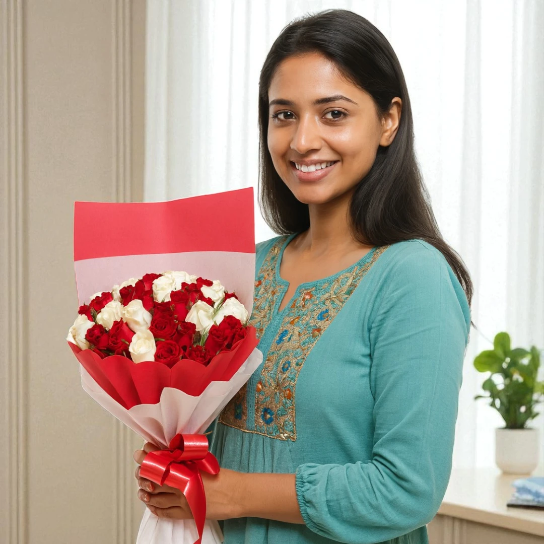 woman holding red and white rose bouquet delivery in bangalore bettergiftflowers