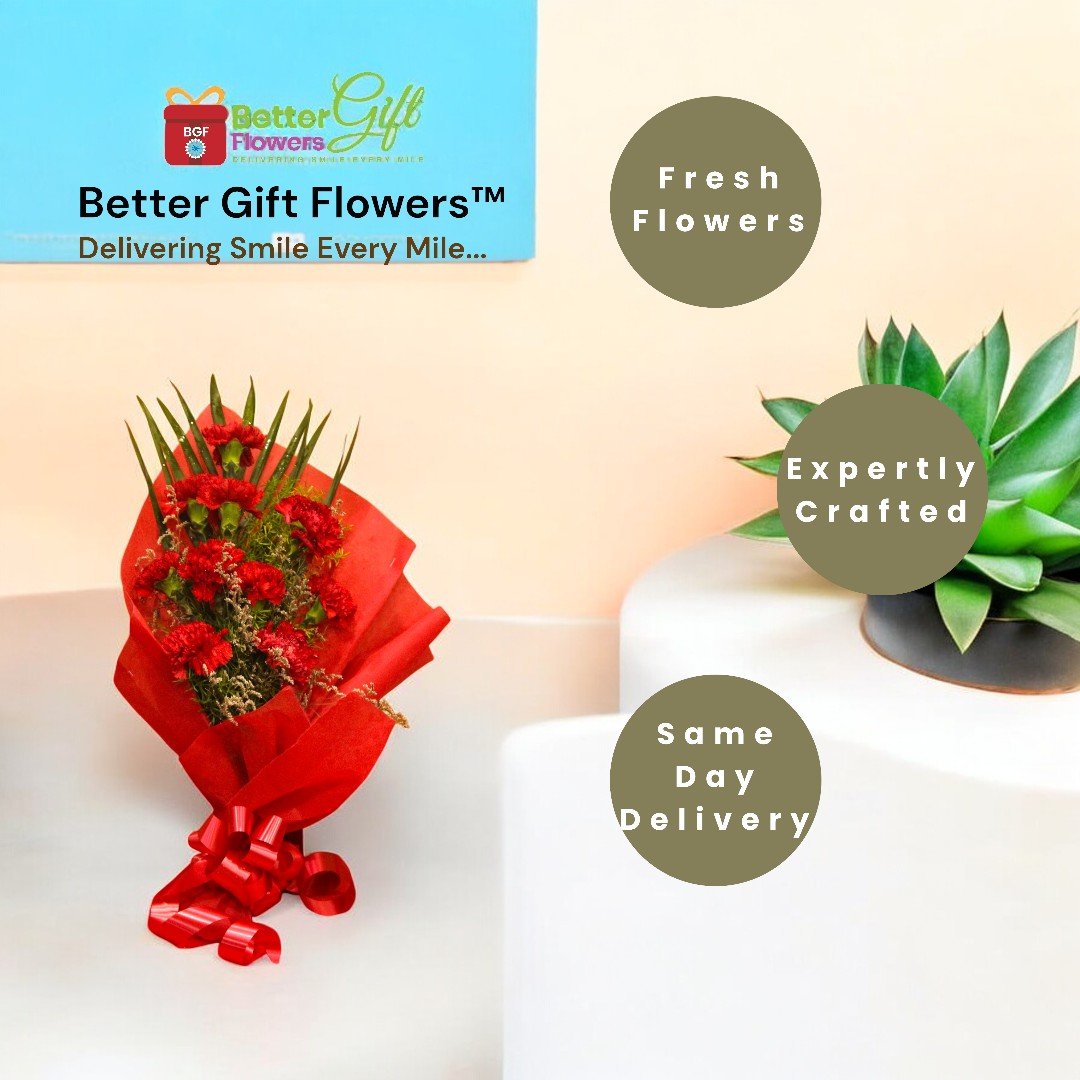 Fresh red carnations expertly crafted into a bouquet by BetterGiftFlowers