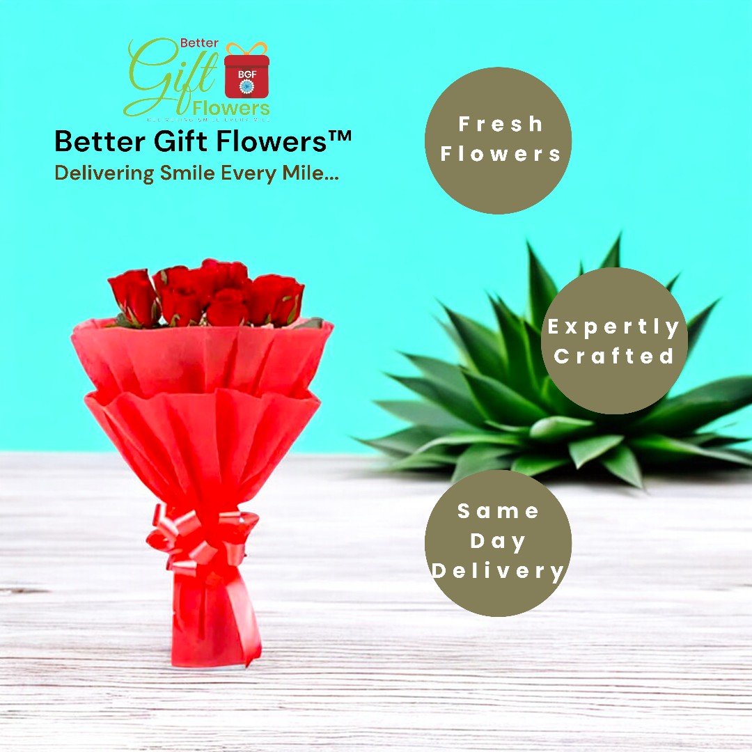 A fresh bouquet of red roses wrapped elegantly, expertly crafted and delivered same day by BetterGiftFlowers.