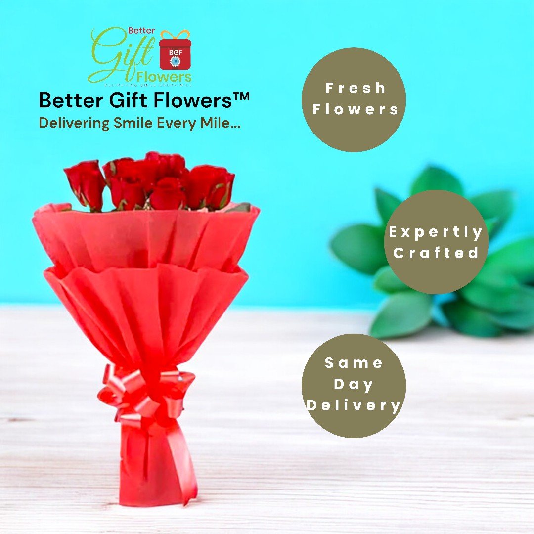 Freshly arranged red rose bouquet from BetterGiftFlowers, available for same-day delivery.