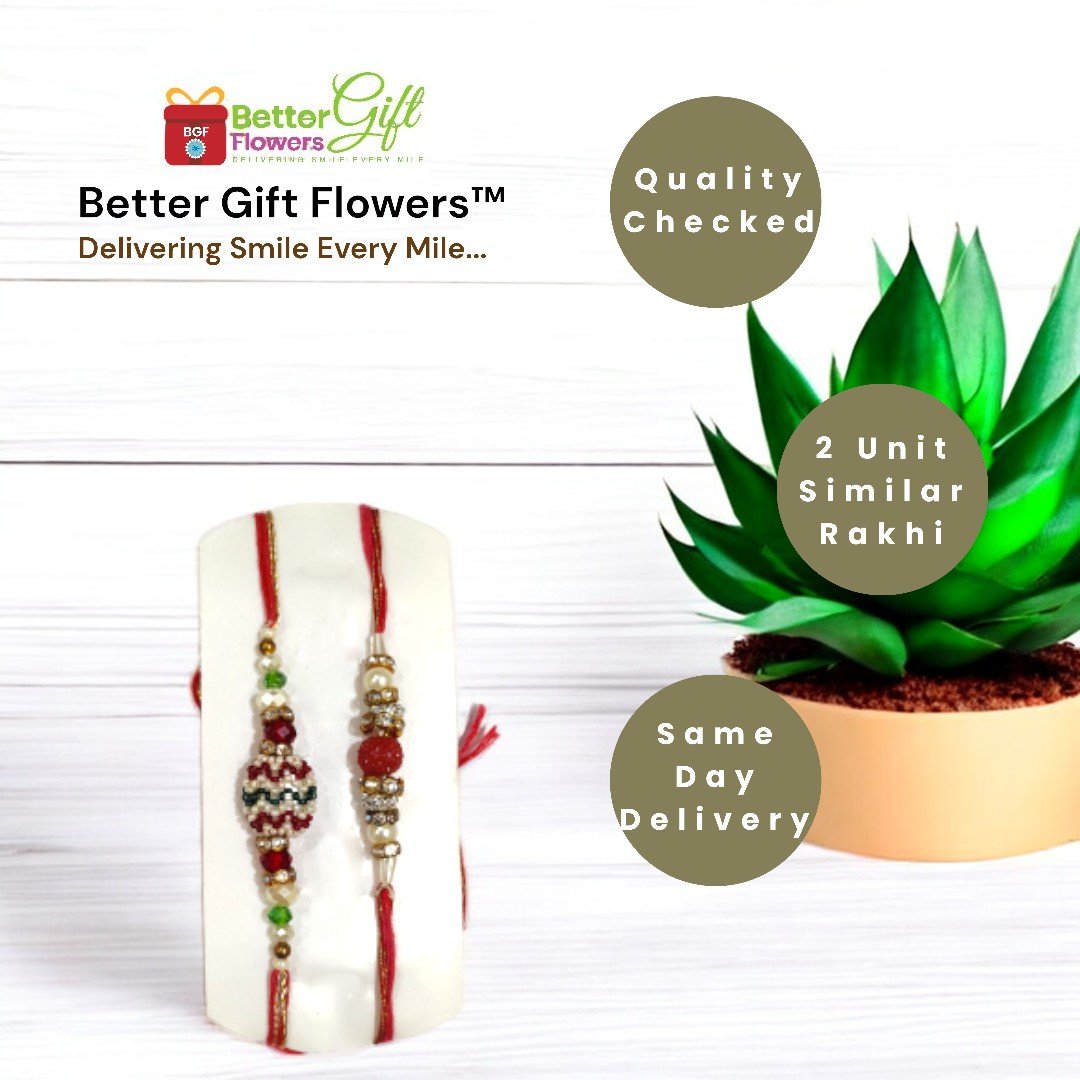 Two similar rakhis displayed on a white backdrop with BetterGiftFlowers logo.