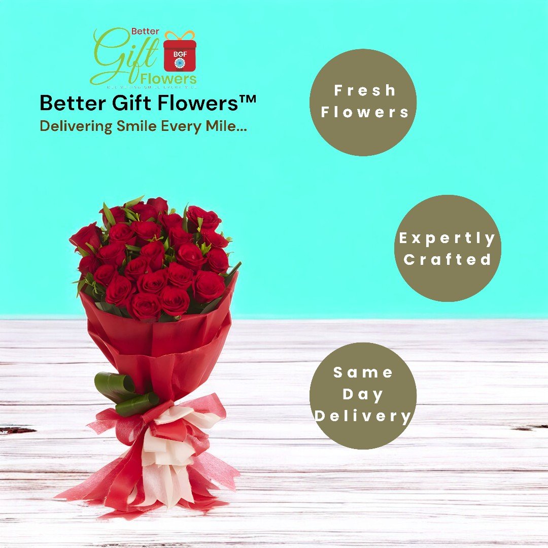 BetterGiftFlowers fresh and expertly crafted 25 red roses bouquet for romantic gifting.