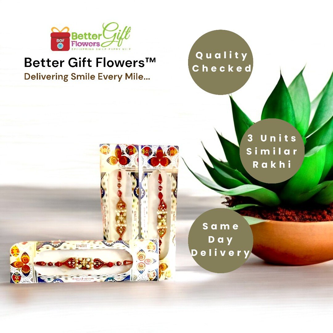 Three Similar Rakhis from BetterGiftFlowers with quality checked and same-day delivery labels.
