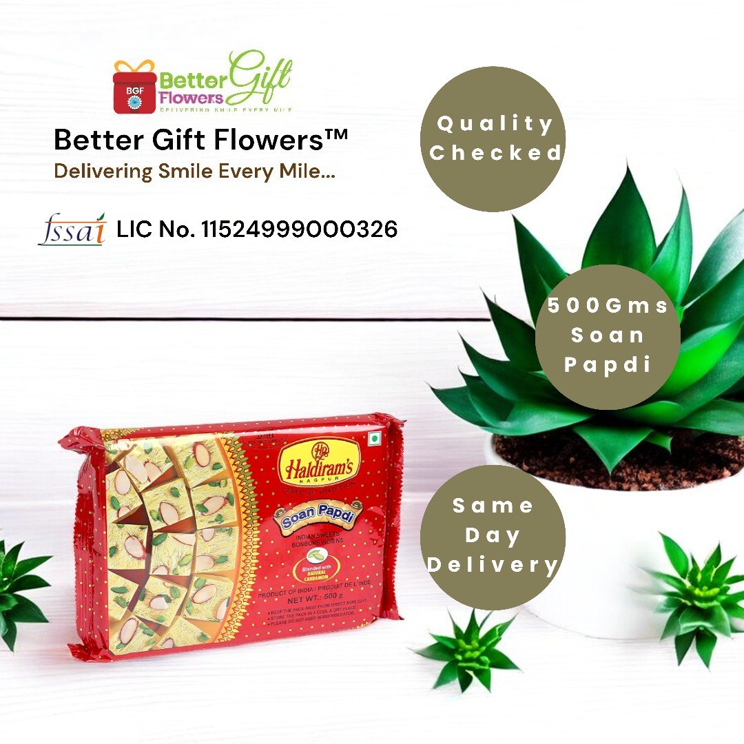 Haldiram’s Soan Papdi 500gms pack with BetterGiftFlowers logo and delivery details.