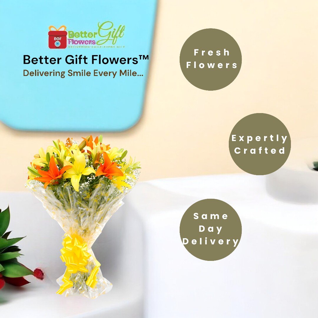 BetterGiftFlowers Sunrise Greet Bouquet, expertly crafted with fresh orange and yellow lilies, available for same-day delivery.