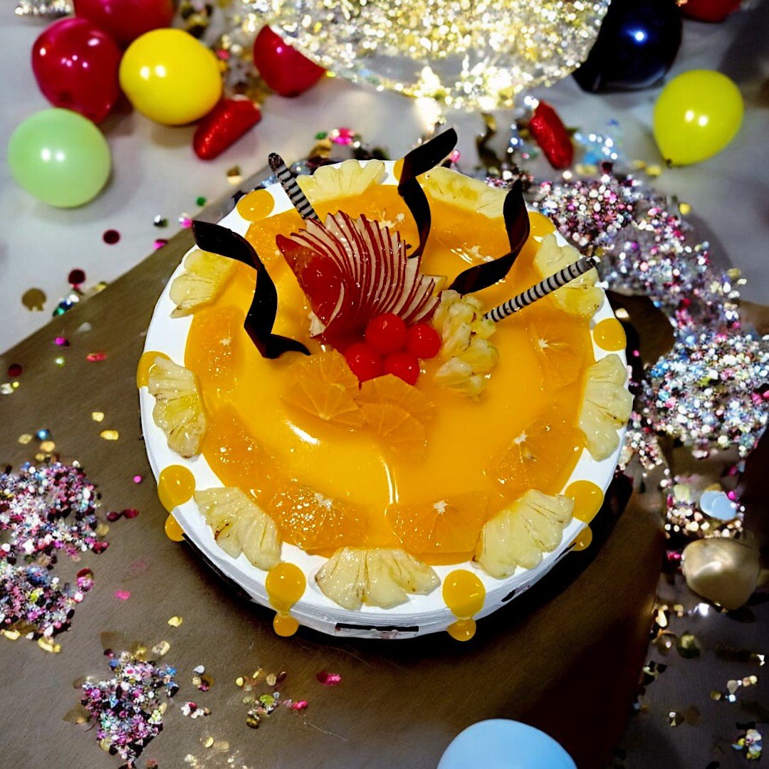 Festive Sunshine Pineapple Cake from BetterGiftFlowers decorated with fresh fruit