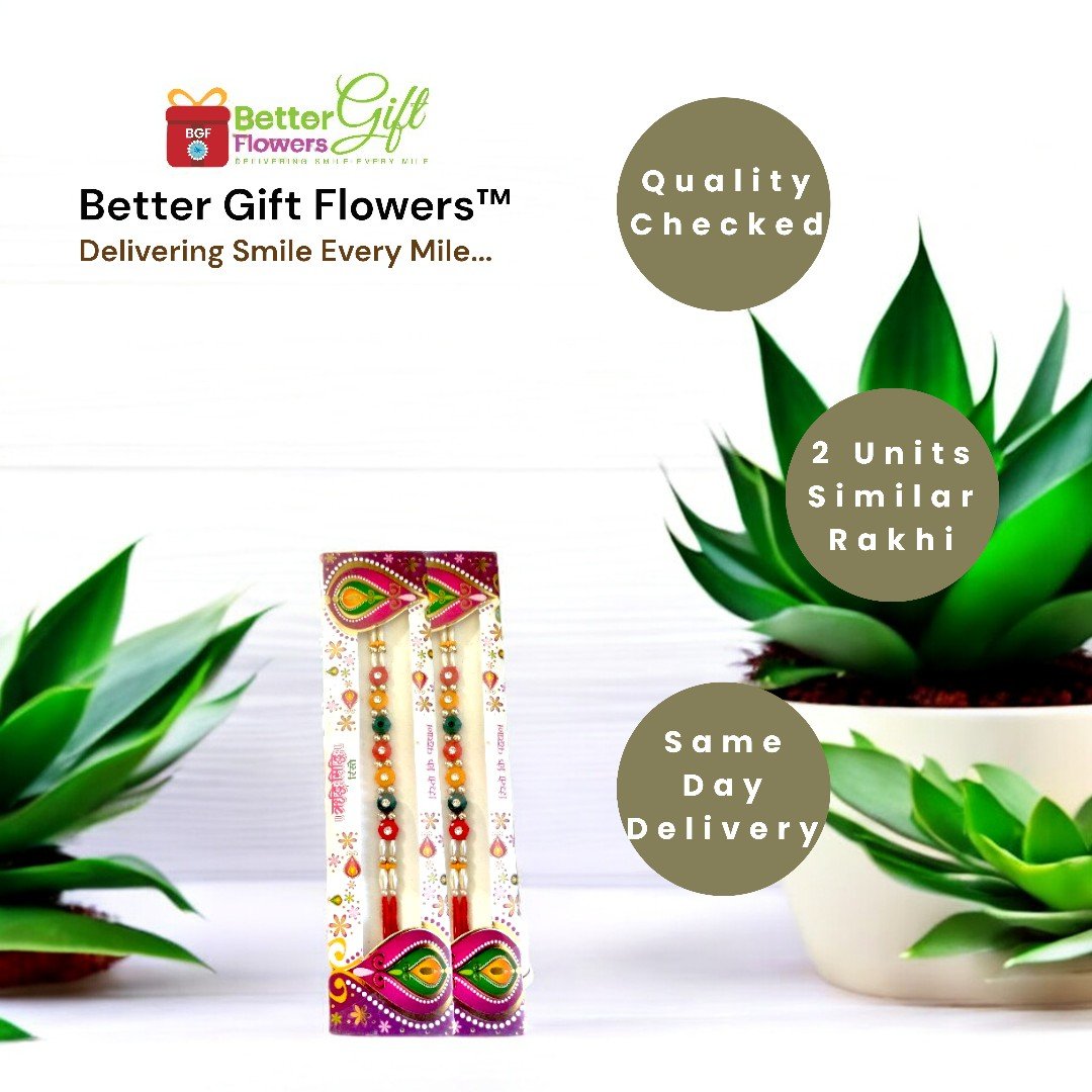 BetterGiftFlowers set of two designer Rakhis included in the Sweets, Rakhi N Dry Fruits combo.