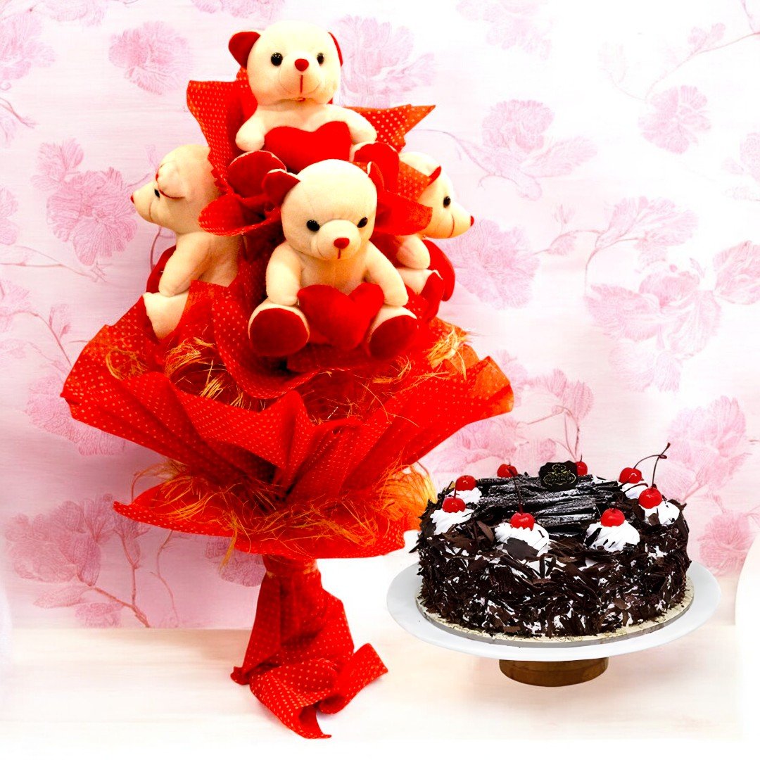 Teddy Bouquet with Black Forest Cake – BetterGiftFlowers gift combo.
