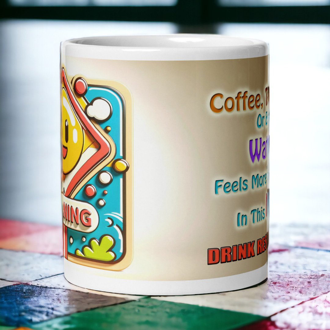 Side view of the "Sweet Warning" mug by BetterGiftFlowers, showcasing a fun warning sign and vibrant typography.