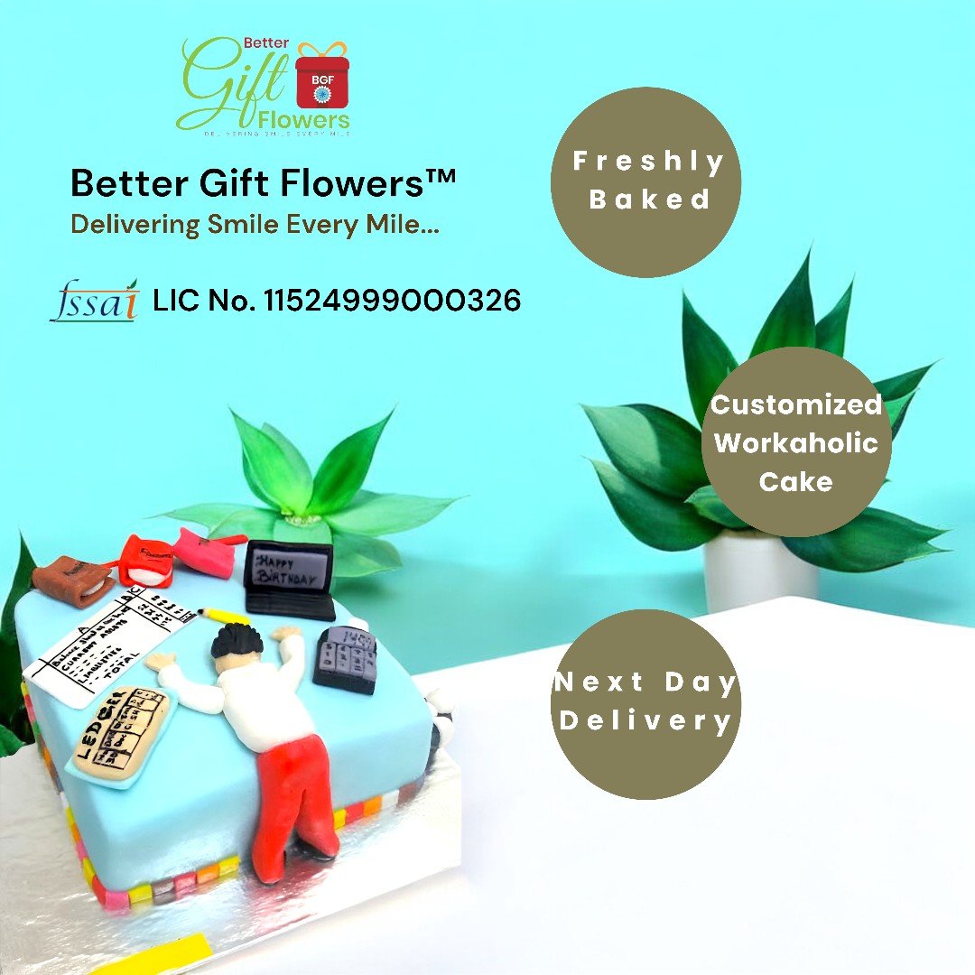 Customized workaholic cake featuring office details and next-day delivery service by BetterGiftFlowers