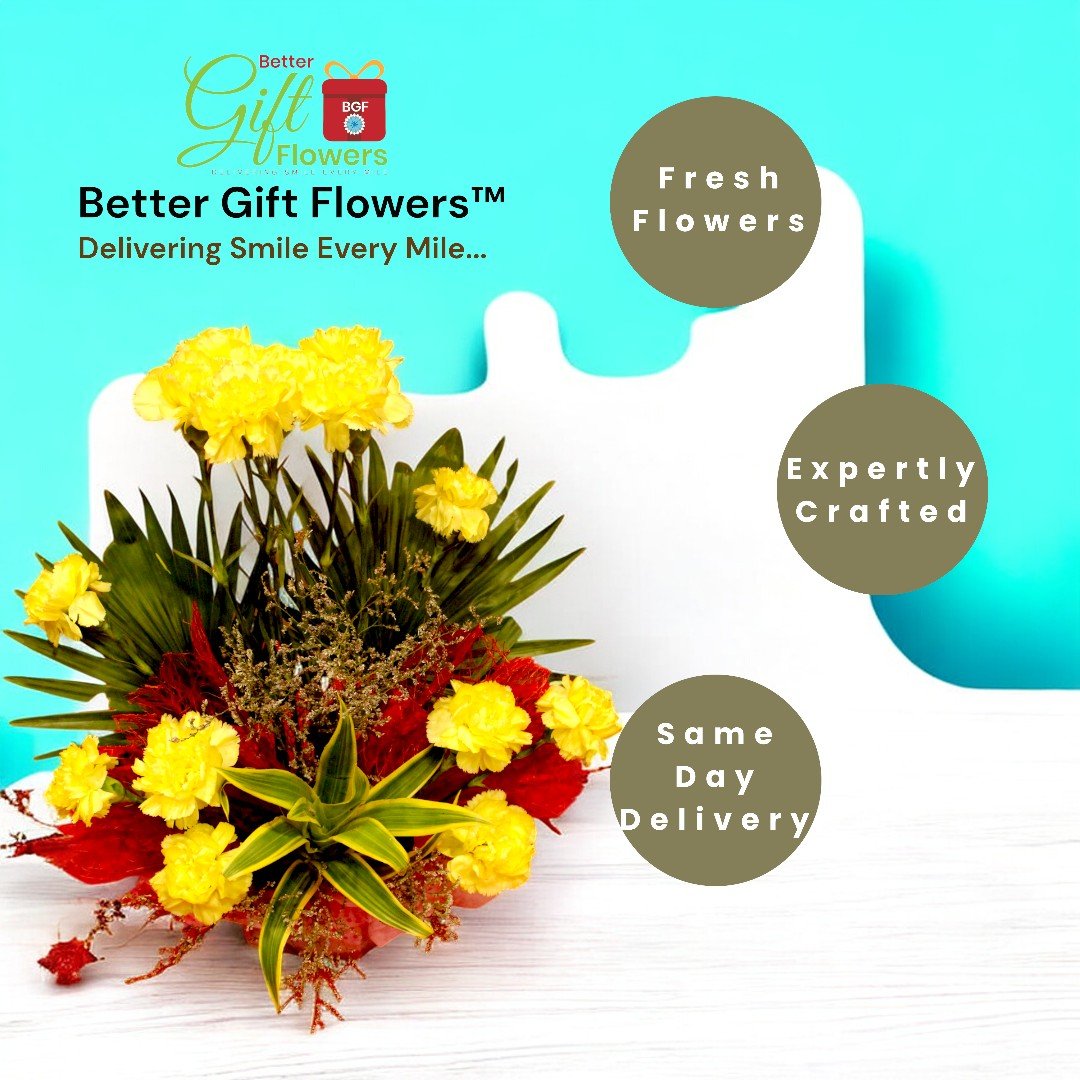 Beautifully crafted bouquet of yellow carnations from BetterGiftFlowers with same-day delivery.