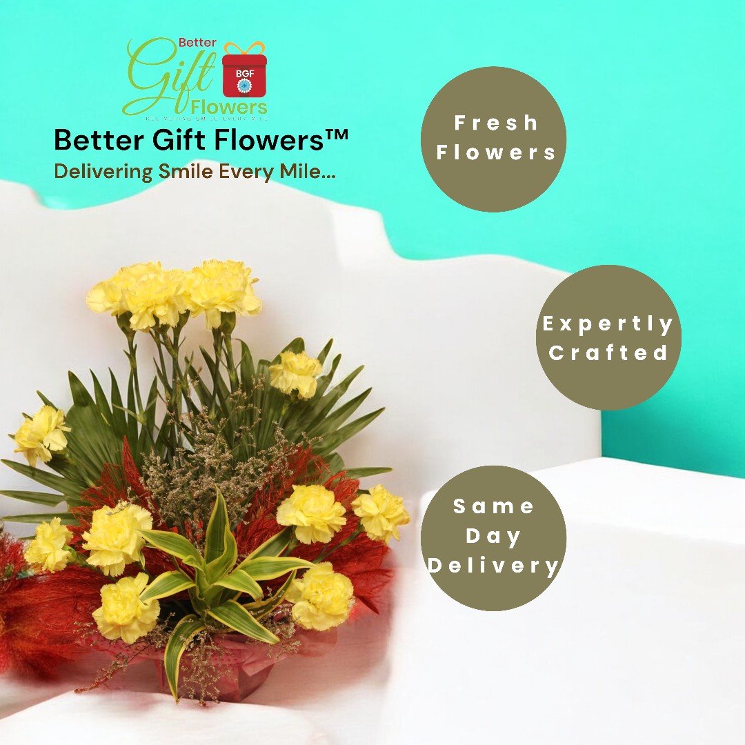 Same day delivery of yellow carnations and teddy by Better Gift Flowers