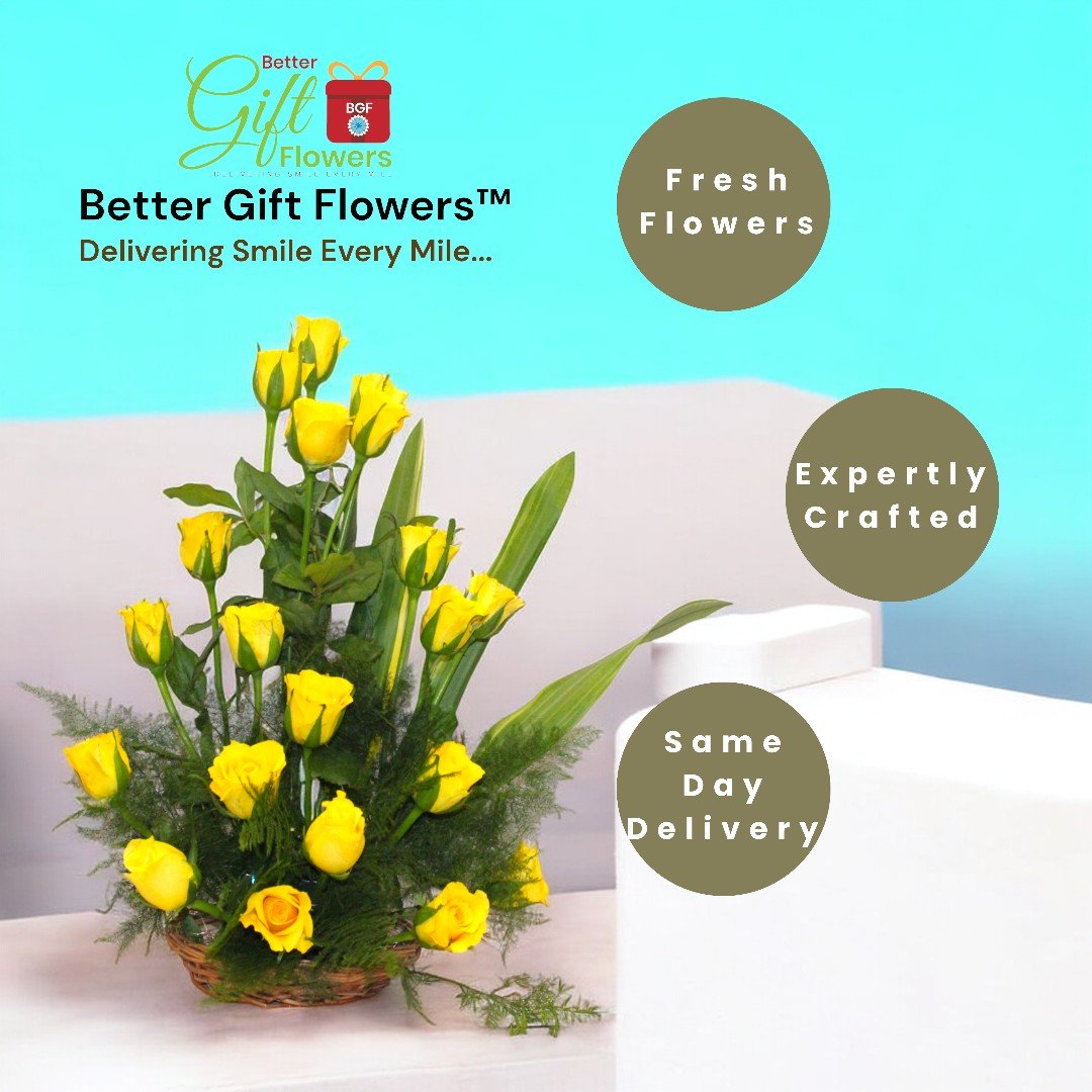 Beautiful yellow rose basket from BetterGiftFlowers paired with a rich chocolate cake, ideal for celebrating special moments.