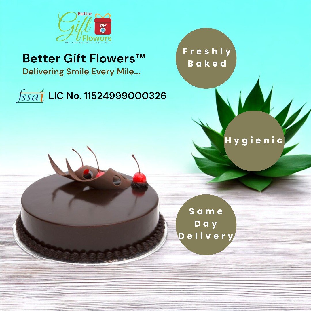 Freshly baked chocolate cake from BetterGiftFlowers, paired with a vibrant yellow rose basket for a perfect gift combo, available with same-day delivery.