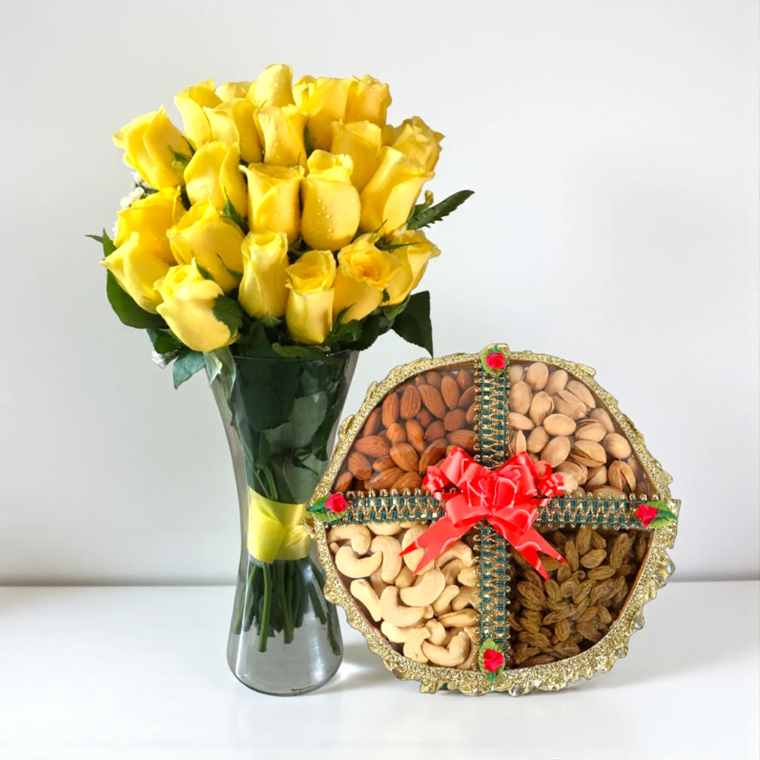 yellow roses and dry fruits combo festive gift BetterGiftFlowers™