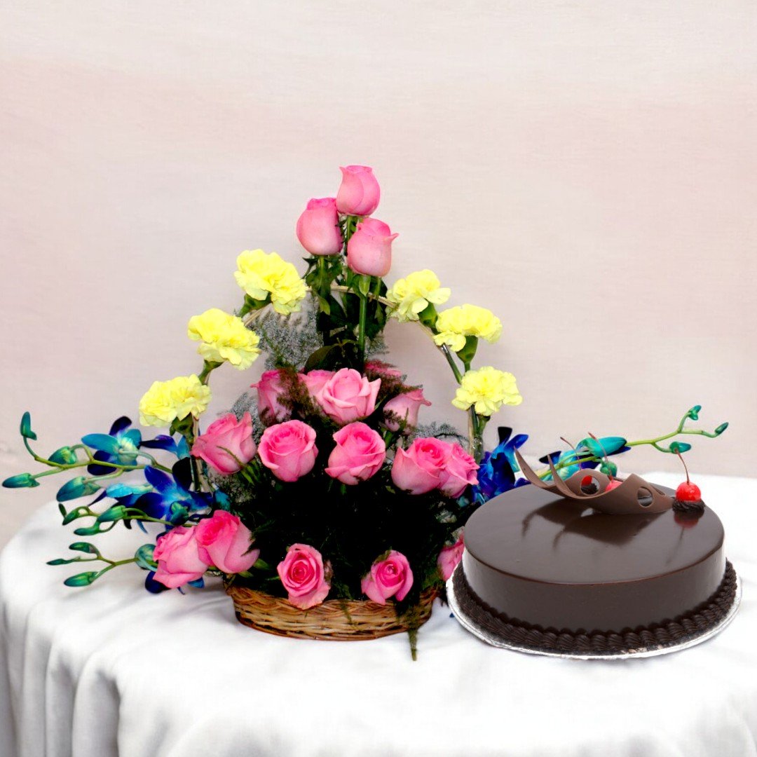Mix Flowers Basket N Cake