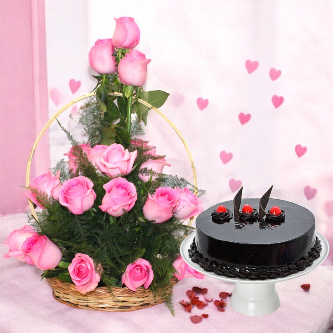 Pink Rose Basket With Cake