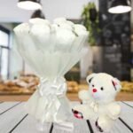 white carnations and teddy online delivery