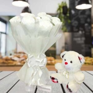 white carnations and teddy online delivery