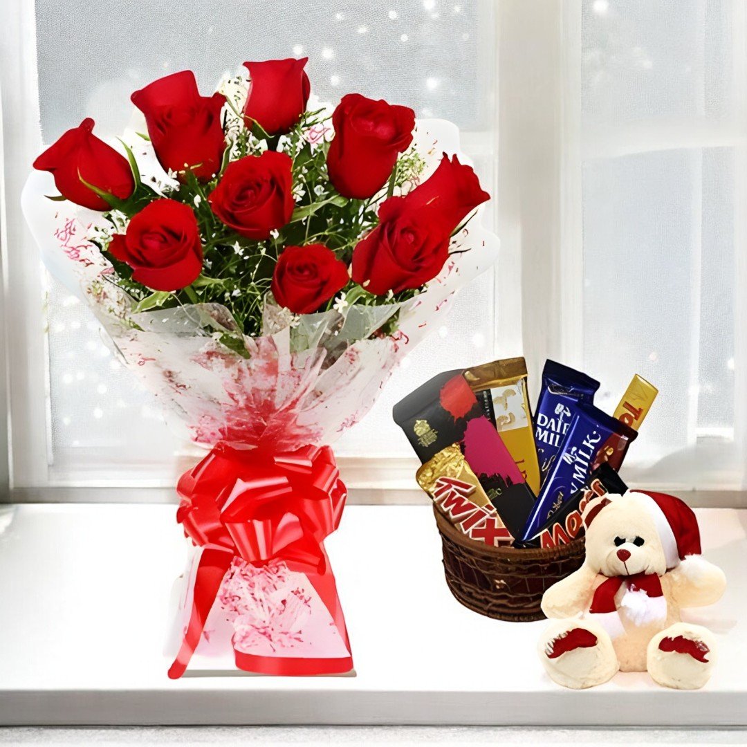 A Special Gift by BetterGiftFlowers – Red rose bouquet, chocolates, and a teddy bear.