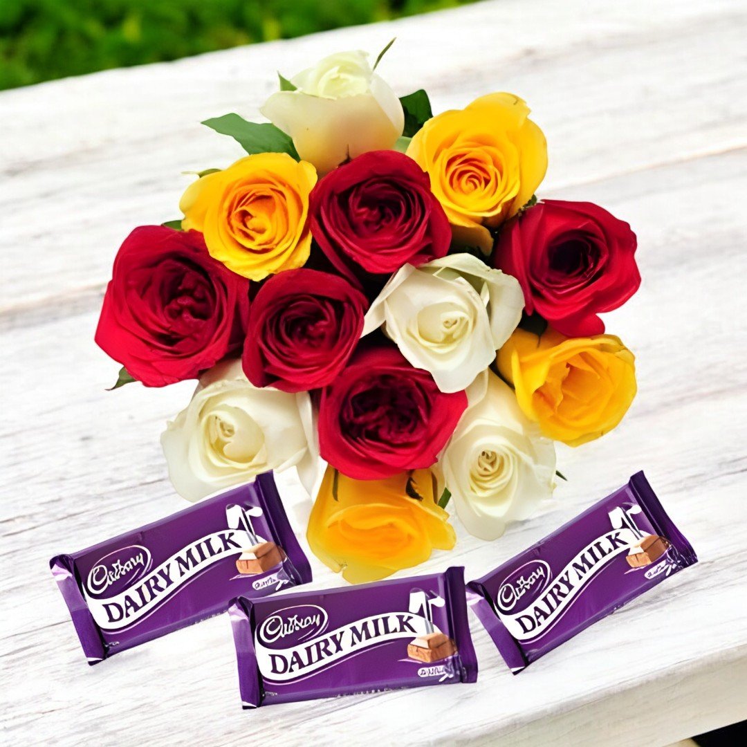 BetterGiftFlowers colorful roses bouquet with Dairy Milk chocolates