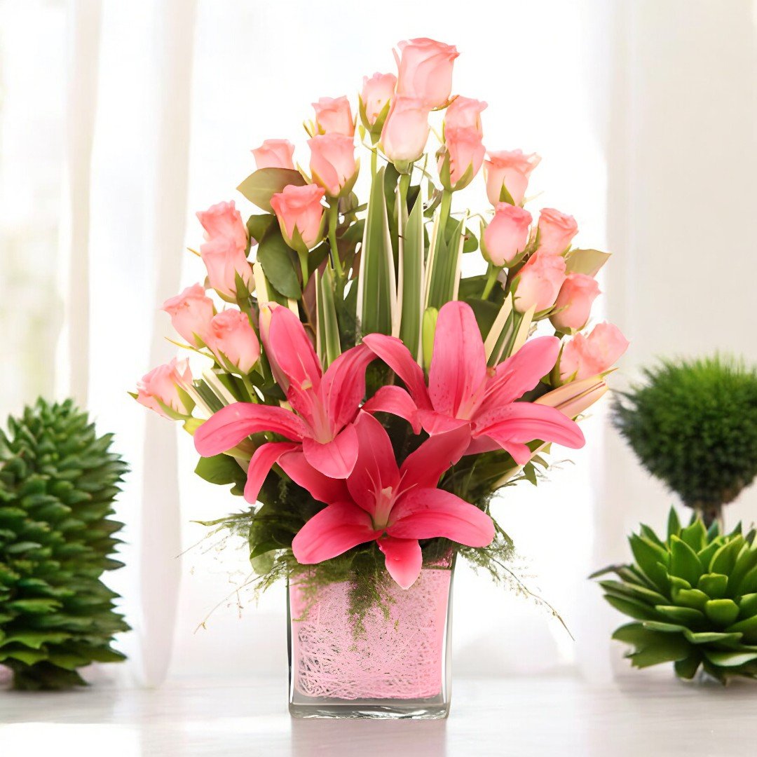 Bright and Beautiful vase arrangement with 20 pink roses and 3 pink lilies by BetterGiftFlowers.