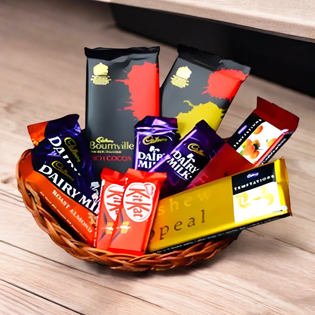 A delectable chocolate hamper basket with Dairy Milk, KitKat, Temptation, and Bournville chocolates, by BetterGiftFlowers.