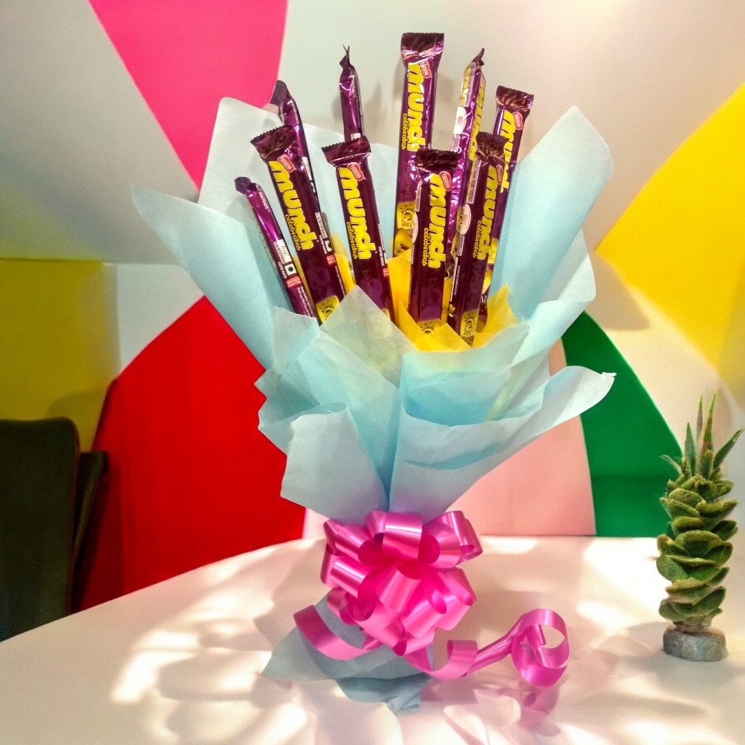 A bouquet of Munch chocolates beautifully arranged and wrapped by BetterGiftFlowers.