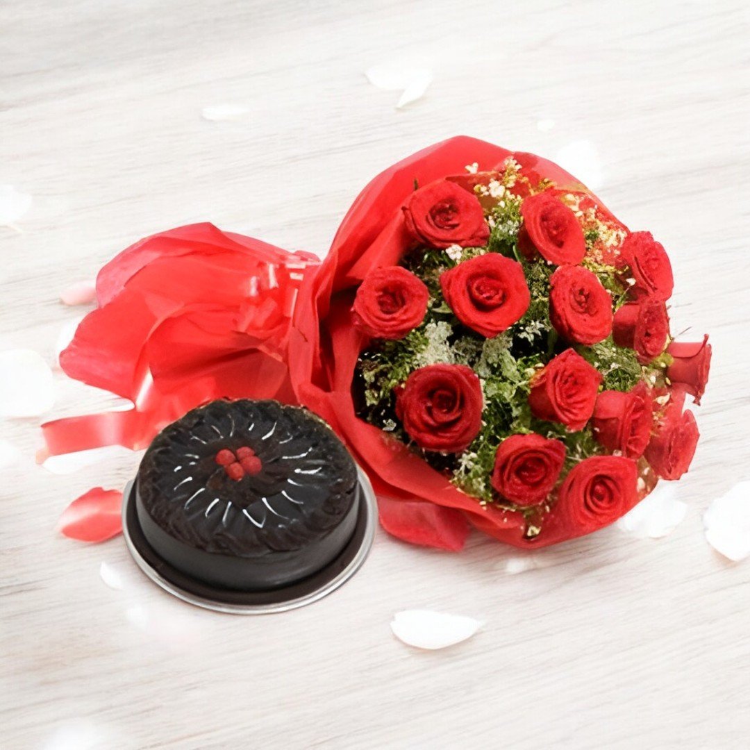 BetterGiftFlowers Red Roses and Chocolate Cake combo, perfect for gifting on any occasion.