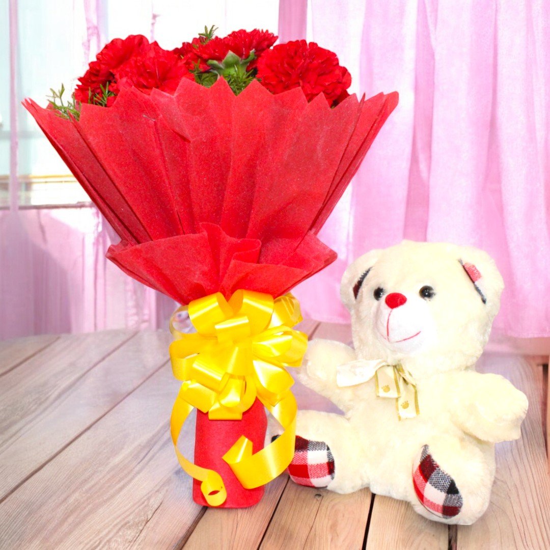 BetterGiftFlowers red carnation bouquet with yellow ribbon and teddy bear combo