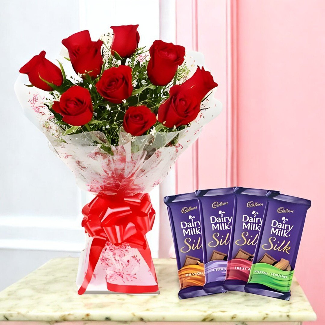 Simple Yet Sweet bouquet of 8 red roses with Dairy Milk Silk chocolates by BetterGiftFlowers