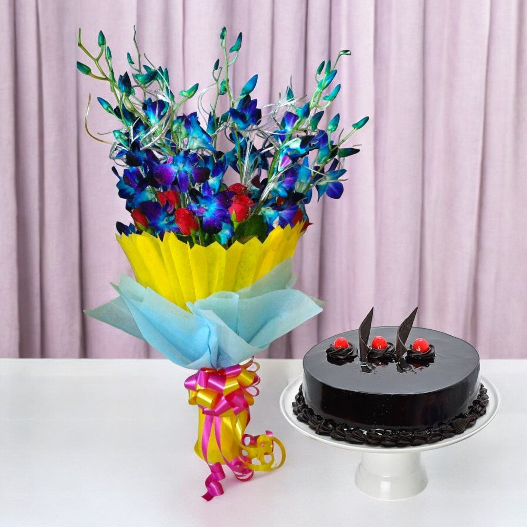 BetterGiftFlowers Startling Orchids With Chocolate Truffle Cake - A bouquet of fresh orchids with a rich chocolate cake.