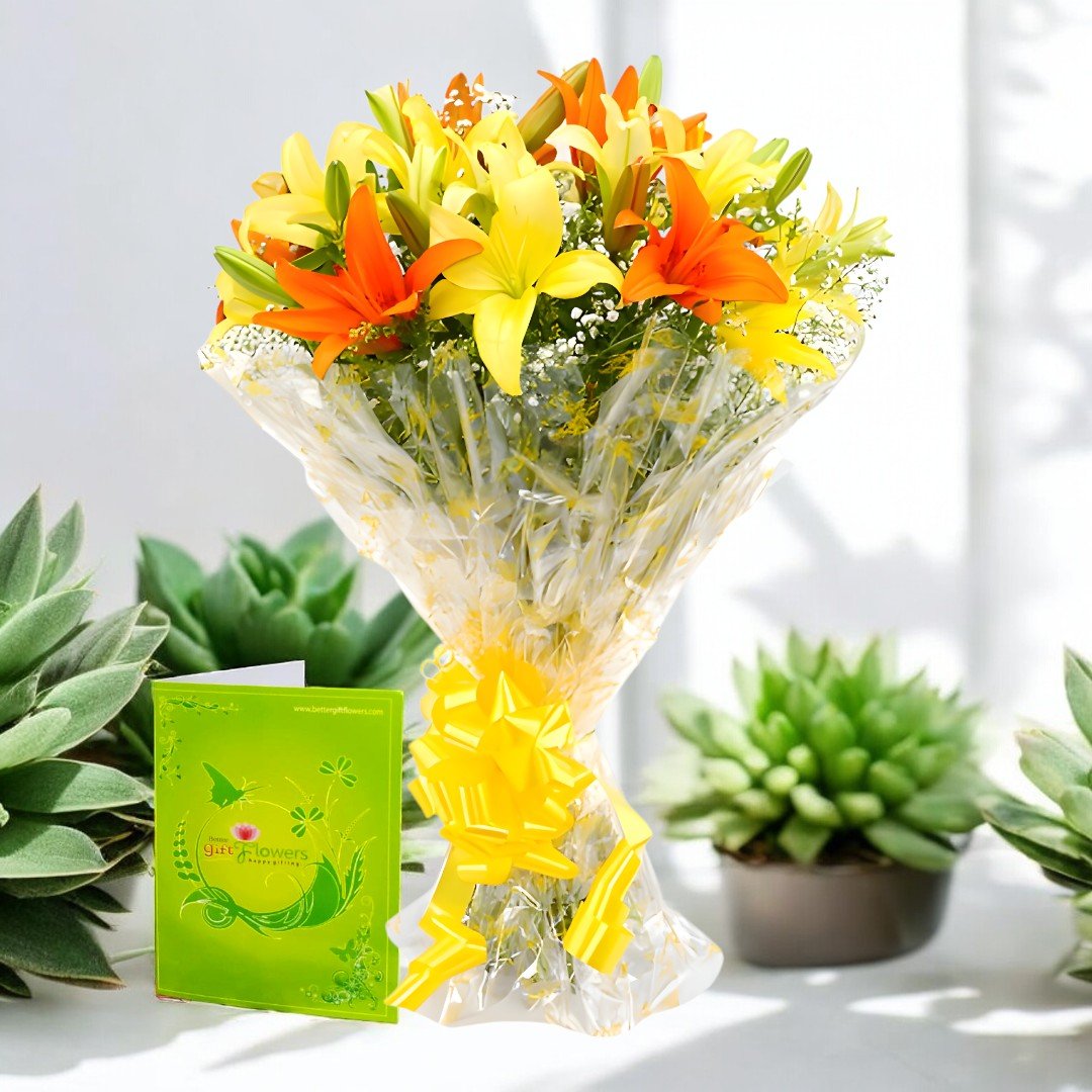 BetterGiftFlowers Sunrise Greet Bouquet with 5 Yellow and 5 Orange Lilies wrapped in yellow ribbon.