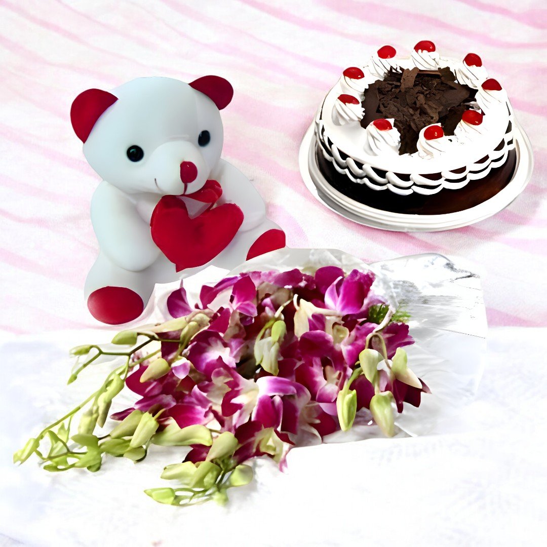 BetterGiftFlowers fresh orchid bouquet, black forest cake, and teddy bear combo - To Someone Very Special