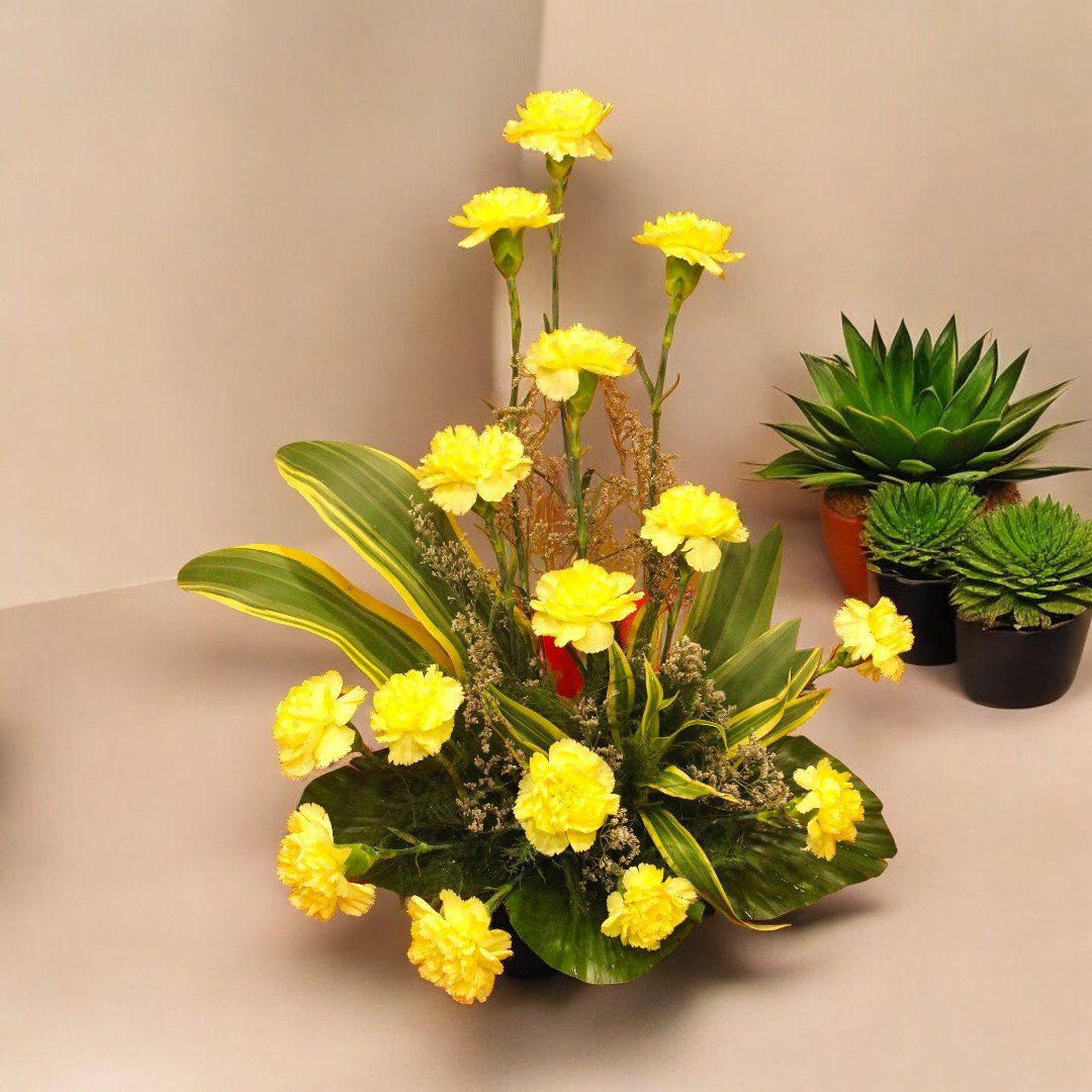 Bold & Beautiful yellow carnation basket from BetterGiftFlowers - front view