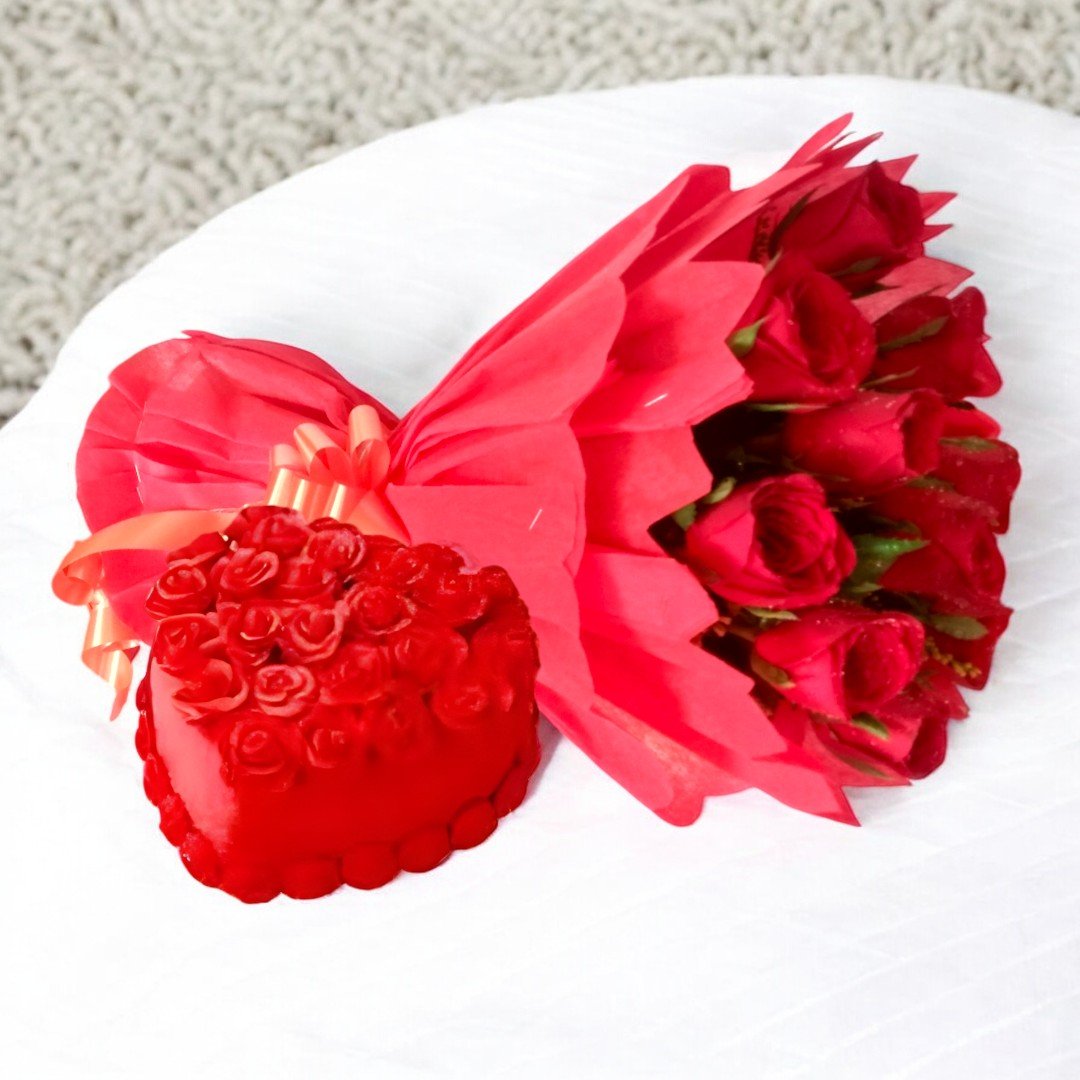 Lots Of Love combo of red rose bouquet and heart-shaped rose cake by BetterGiftFlowers.